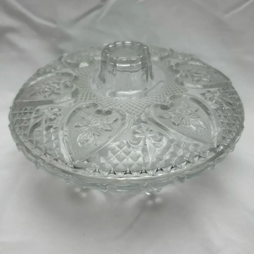 Vintage Pressed Malaysia Glass Candy Dish with Lid Heart Rose Design